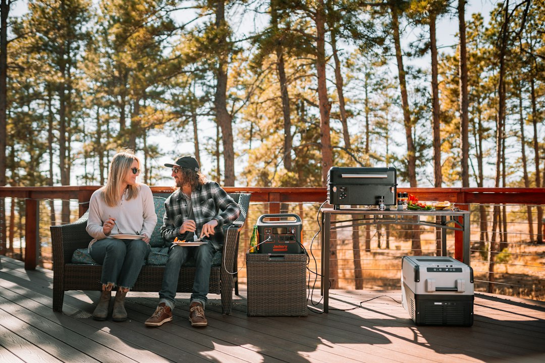Portable backup power station being used outdoors
