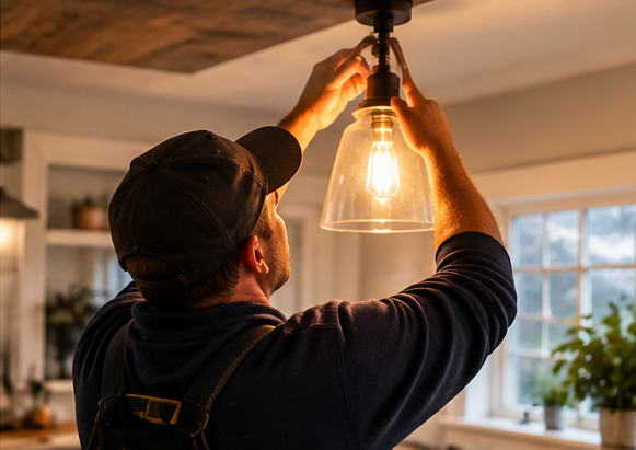 Illustration of an electrician restoring warm lighting in a Maine home