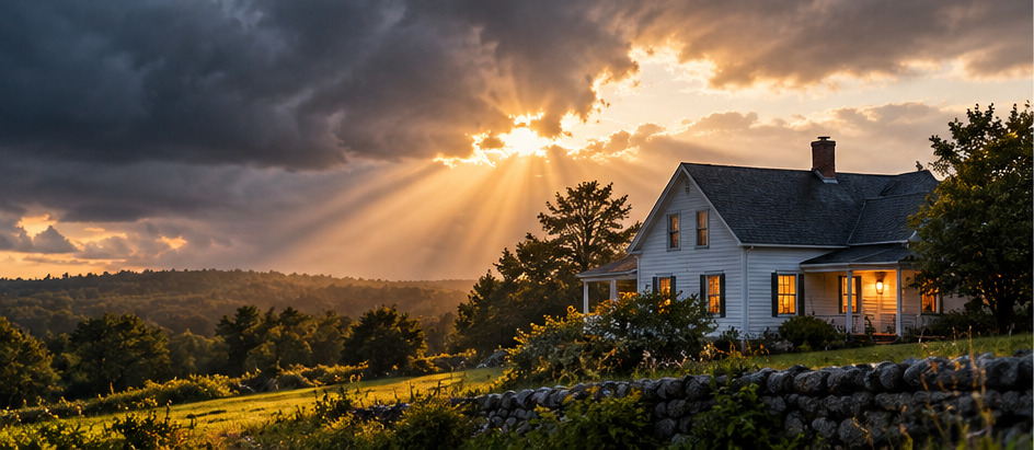 Illustration of a Maine farmhouse with warm window lights beneath clearing storm clouds